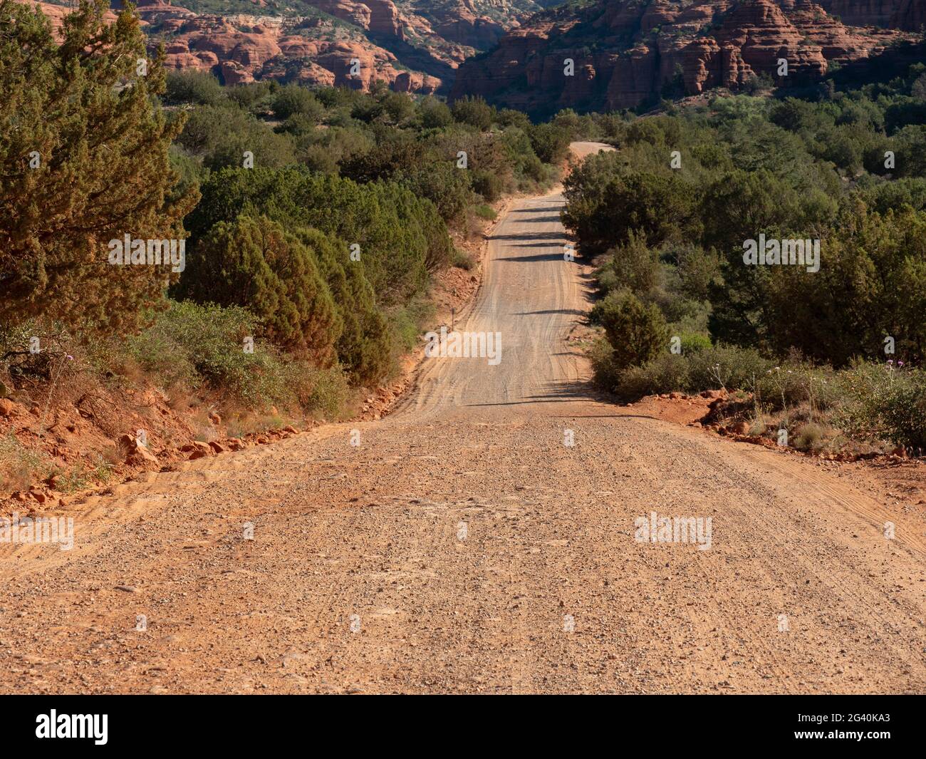 Dirt Road che conduce alle Rugged Red Rock Mountains nell'Arizona centrale Foto Stock
