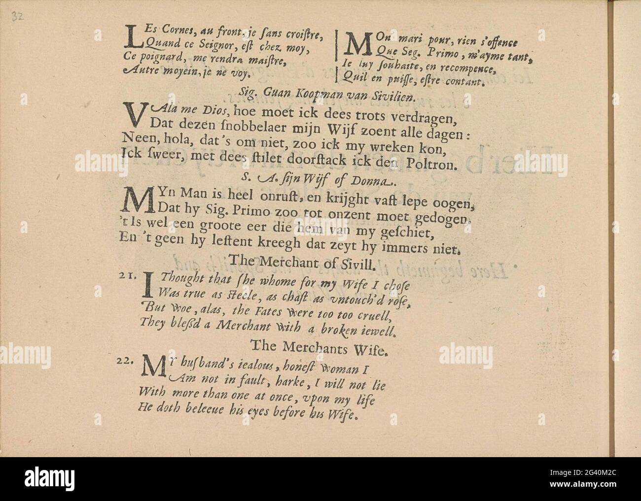 Quatters nelle rappresentazioni di un mercante di Siviglia e sua moglie; Les Abus du Mariage. Tre volte due quaterrains in francese, olandese e inglese con spettacoli di un mercante di Siviglia e di sua moglie. La rivista fa parte di un album. Foto Stock
