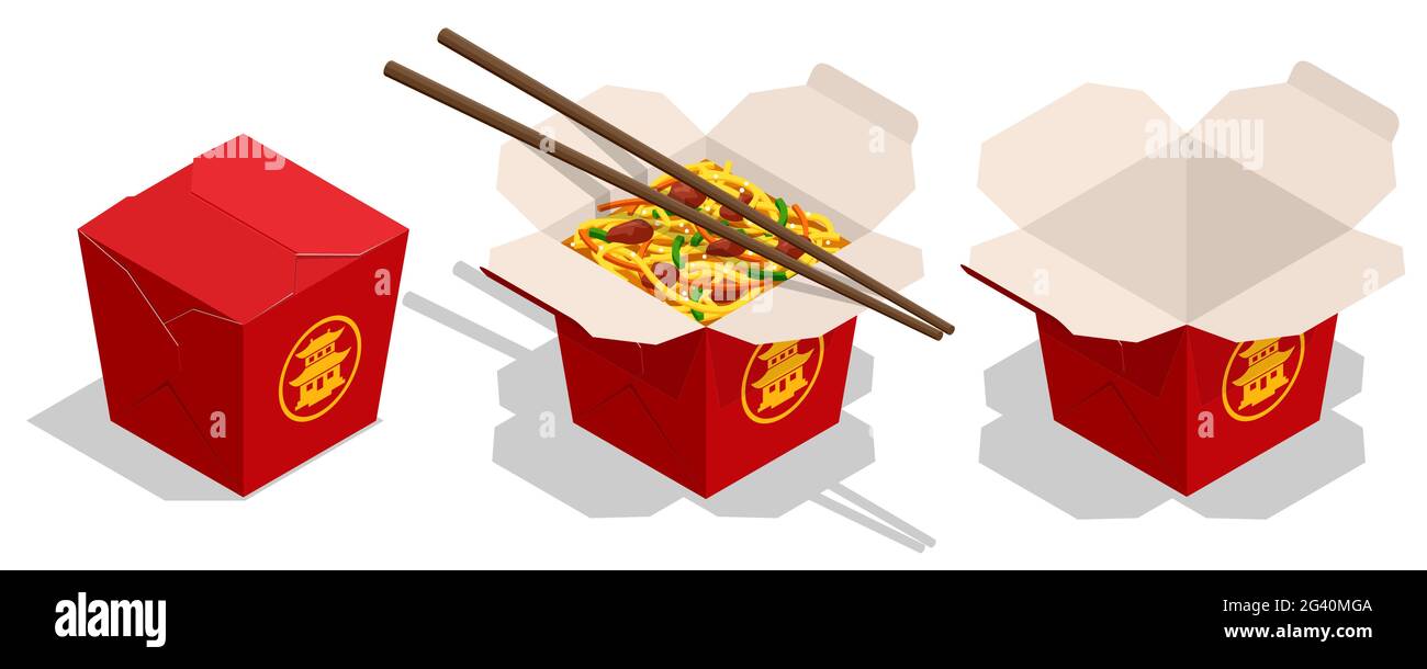Scatola di Noodles isometrici, menu di fast food Asian Chinese meals. Aprire e chiudere estrarre la scatola piena di tagliatelle, bacchette all'interno. Ristorante cinese. Illustrazione Vettoriale