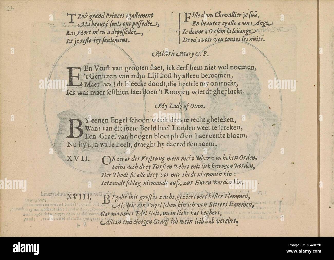 Quatters ai ritratti dei Courtisanes chiamato Mistress Mary C.P. e signora o oxm.; Miroir des Plus Belles Courtisanes i Temps CE. Tre volte due quatrini in francese, olandese e tedesco ai ritratti dei Courtisani chiamati Mistress Mary C.P. e Lady o OXM, l'ultimo di Londra. La rivista fa parte di un album. Foto Stock