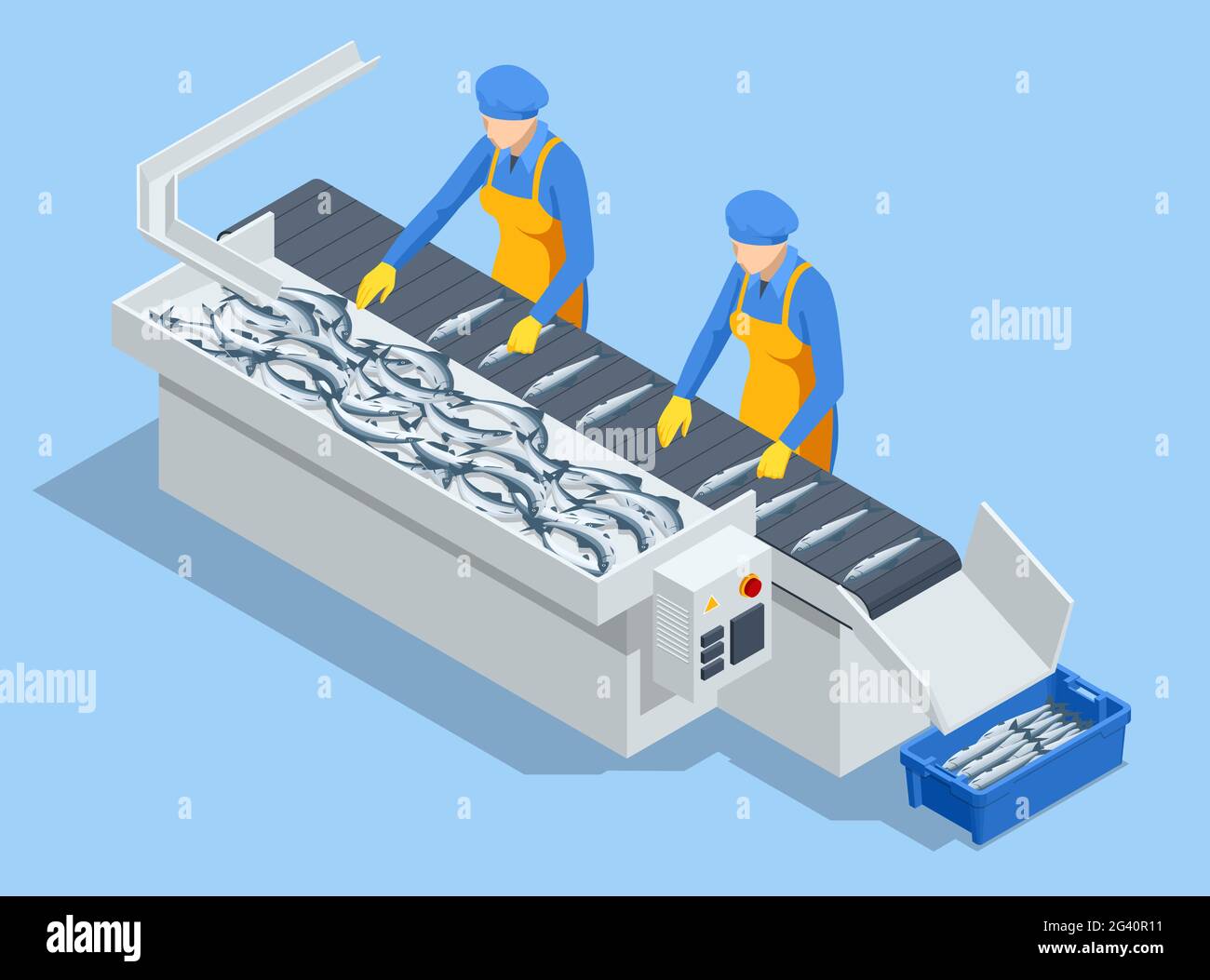 Industria ittica isometrica produzione di pesce, cernita pesce concetto. Preparazione della prevendita. Illustrazione Vettoriale