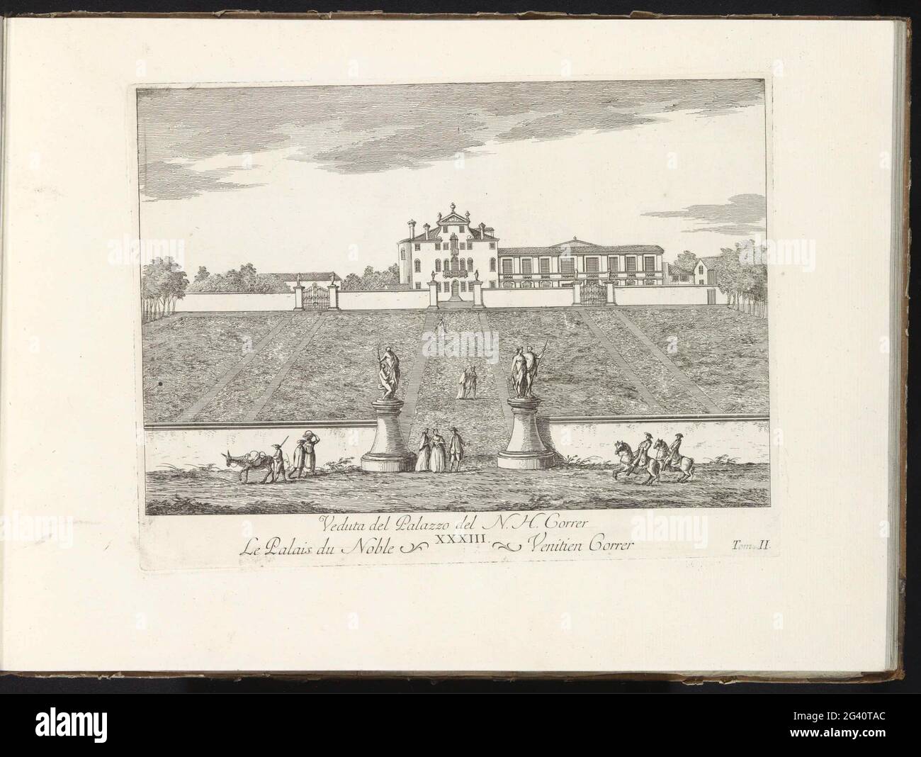 Correr; Veduta del Palazzo del N. H. Correr (...); le delizie della brenta; Les Delices de la Brenta; si affaccia sul fiume Brenta. Vista sul Palazzo del N. H. Correr. Per il palazzo uno con un muro recintato. Numerato al centro di: XXXIII e in basso a destra: Tom: II Questa stampa fa parte di un album. Foto Stock