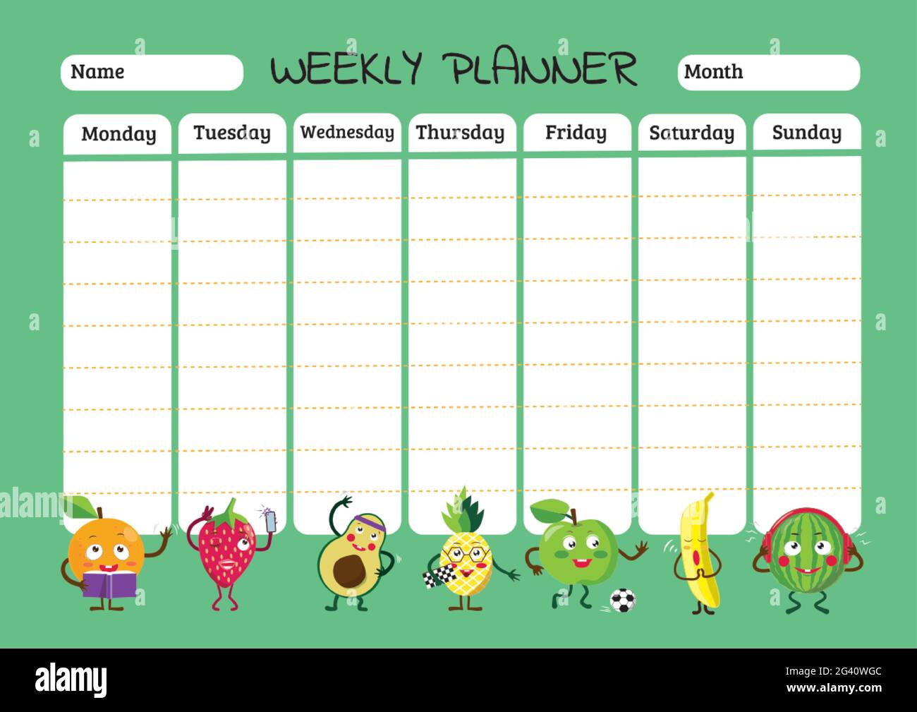 Pianificazione del modello di progetto. Pianificatore settimanale per bambini e orario scolastico con frutta fresca in stile cartone animato Illustrazione Vettoriale