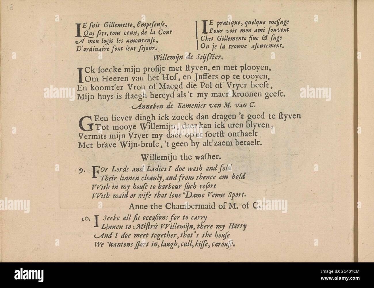 Quatters per le prestazioni di un rigido e un accoppiatore; Les Abus du Mariage. Tre volte due quatrine in francese, olandese e inglese con rappresentazioni di un pesce rigido e un accoppiatore. La rivista fa parte di un album. Foto Stock