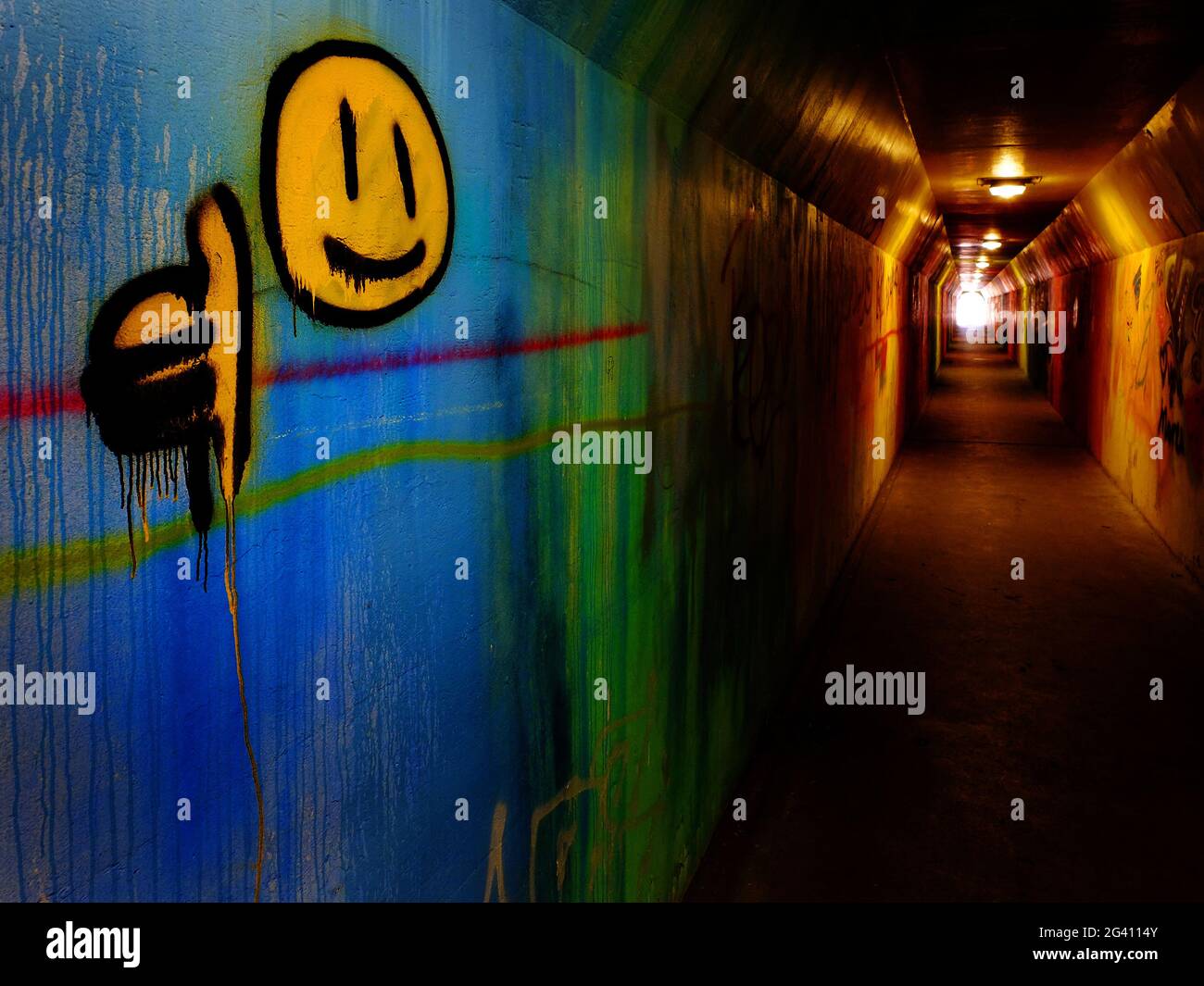 Graffiti disegnati su pareti di passerella in un tunnel della metropolitana laterale arte Foto Stock