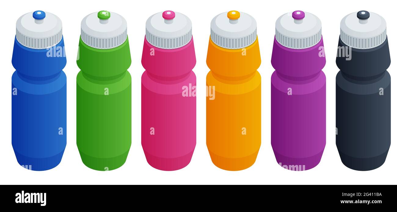 Set isometrico bottiglia d'acqua sport. Bottiglie d'acqua termoplastiche riutilizzabili colorate, isolate su sfondo bianco. Illustrazione Vettoriale