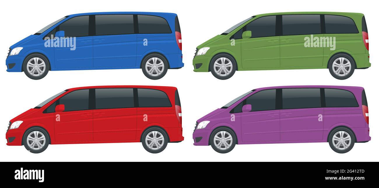 Visualizza il minivan elettrico laterale con tocchi Premium, modello vettoriale per auto minivan su sfondo bianco. Veicolo multiuso, SUV, minivan a 5 porte. Illustrazione Vettoriale