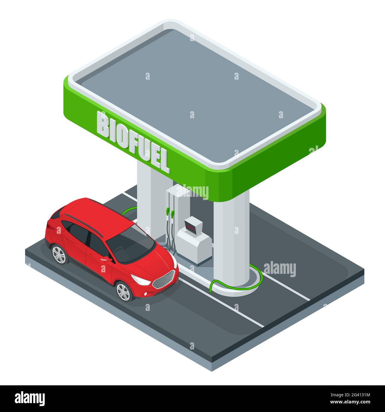 Biofuel isometrico. Pompa per stazione di gas verde brillante con ugello carburante della pompa benzina. Energia verde. Salvare la terra, l'ecologia, l'energia alternativa. Illustrazione Vettoriale