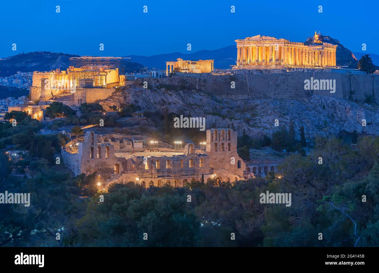 Vista dell'Acropoli di notte, Atene, Grecia, Europa Foto Stock