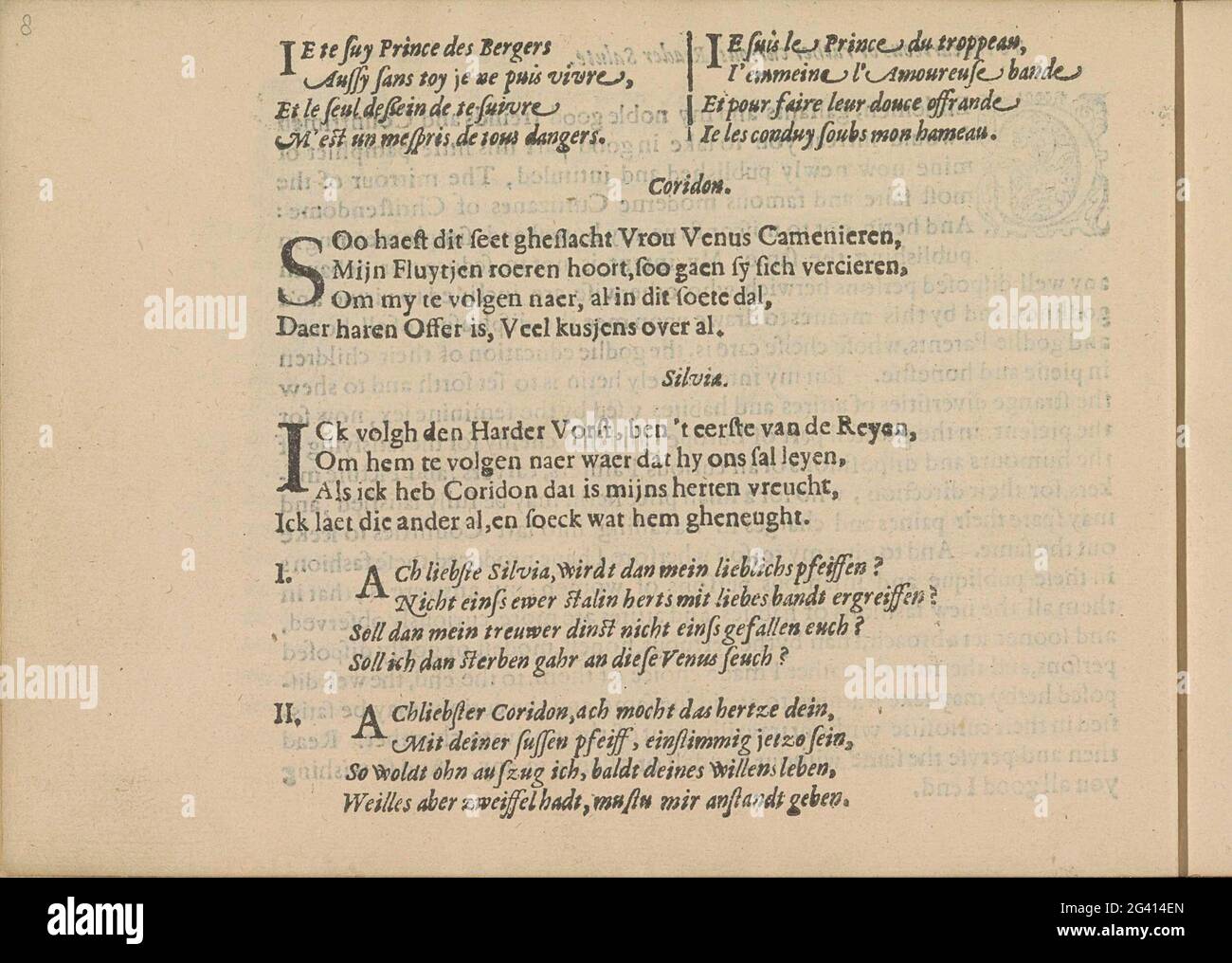 Quatrin a Coridon e Silvia; Miroir des Plus Belles Courtisanes i Temps CE. Tre volte due quatrine in francese, olandese e tedesco in immagini di Coridon e Silvia. La rivista fa parte di un album. Foto Stock
