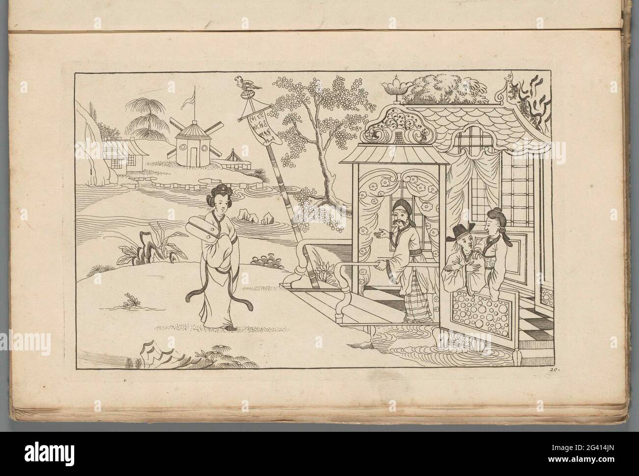 Paesaggio con una signora cinese; nuovo sinesen convertito, con grande Moeyte progettato e dato in esso, da P: Schenk Jun (...), prima parte. La signora cinese si trova sulla sinistra con una gamma nelle mani in un paesaggio. Destra tre figure in un edificio su palafitte in acqua. Stampa fa parte di un album. Foto Stock