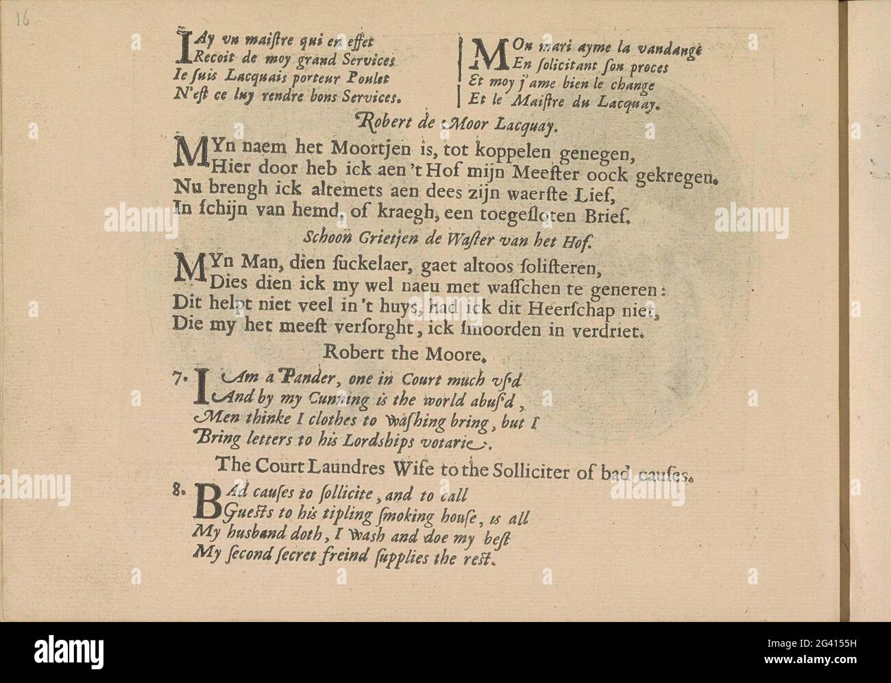 Quatters a spettacoli di una lackey e di una donna lavanderia; Les Abus du Mariage. Tre volte due quaterrains in francese, olandese e inglese con spettacoli di una lackey e di una lavanderia. La rivista fa parte di un album. Foto Stock