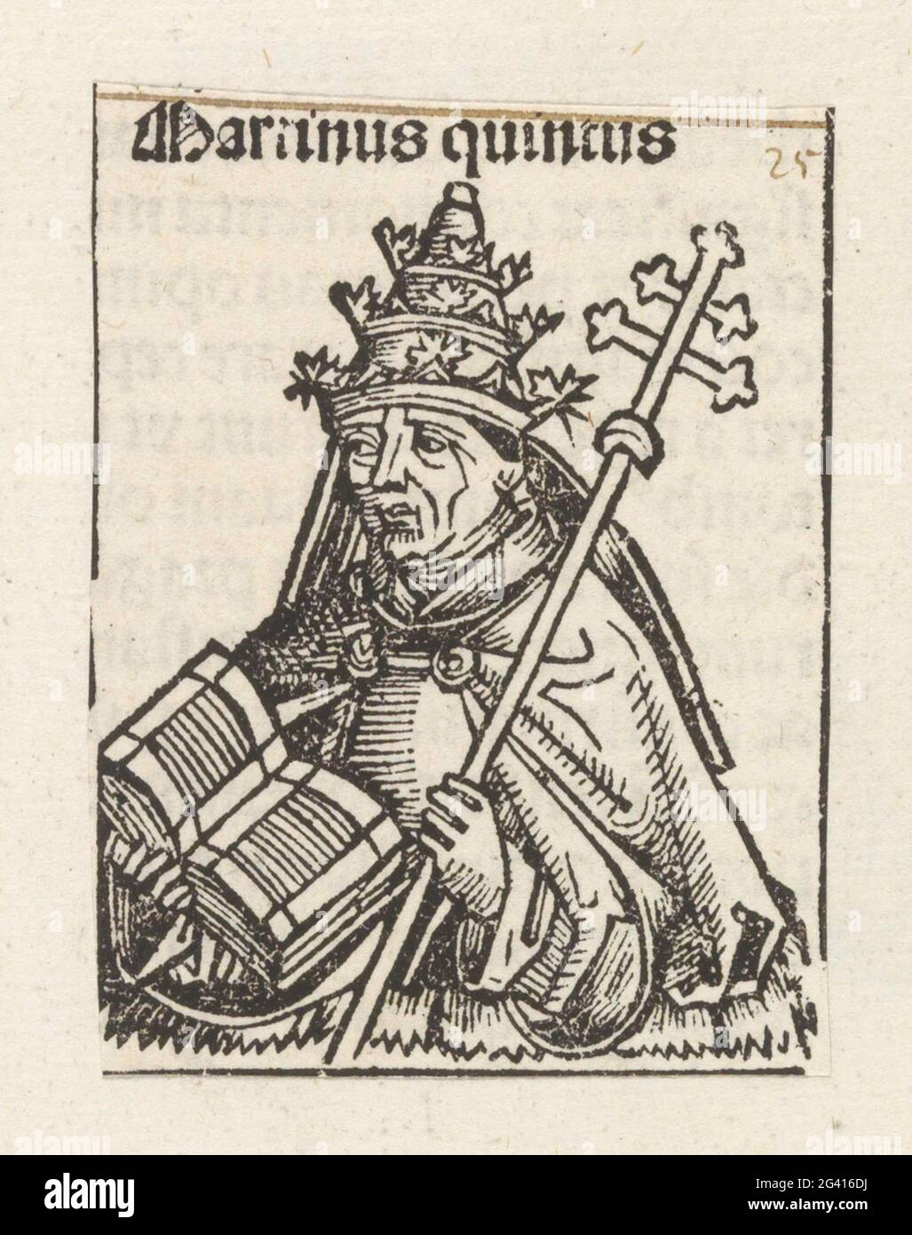 Papa Martino V; Martino Quinto; Liber cronicarum. Un celco di fiori con un papa. Indossa una tiara e ha una bibbia benedetta e un bastone con una doppia croce nelle sue mani. Lo spettacolo fa parte della sequenza pop nel Liber Chronicarum. Il testo identifica l'uomo come Papa Martinus V. De Prent fa parte di un album. Foto Stock
