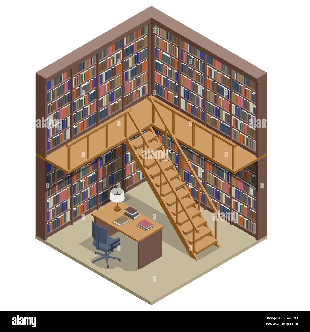 Librerie isometriche nella Libreria. Libri in biblioteca pubblica. Concetto di apprendimento e istruzione. Illustrazione Vettoriale