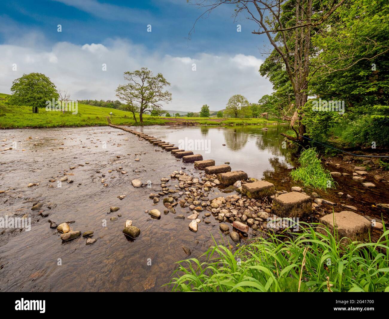 Stepping pietre attraverso il fiume Hodder guardando verso la riva nord a Whitewell, Forest of Bowland, Regno Unito. Foto Stock