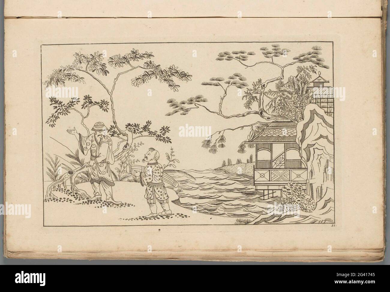 Due uomini cinesi in un paesaggio; nuovi seni convertiti, con grande Moeyte progettato e dato in esso, da P: Schenk Jun (...), prima parte. Collega due uomini cinesi in un paesaggio. Un fiume nel mezzo. Sulla destra un edificio. Stampa fa parte di un album. Foto Stock