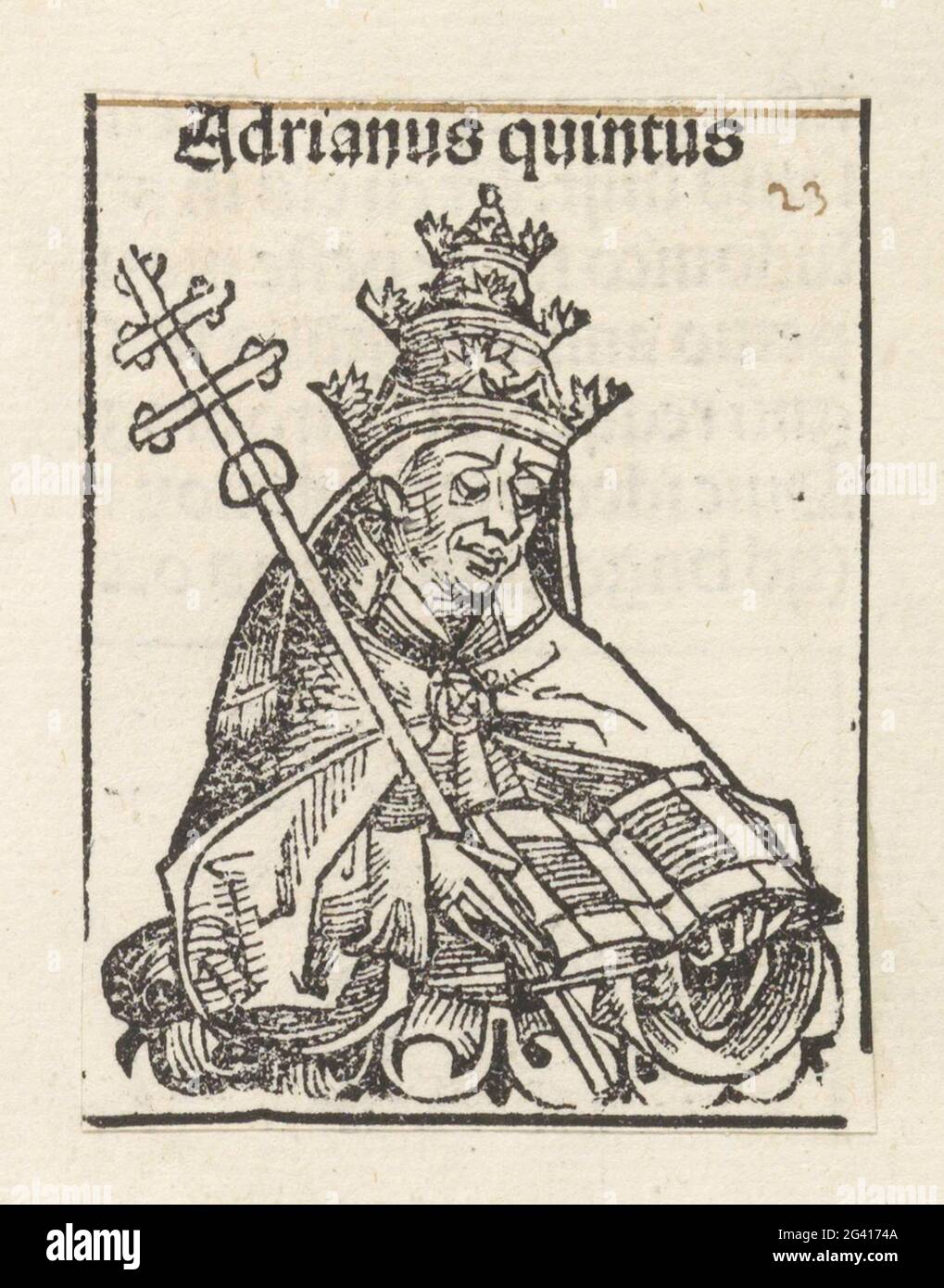 Papa Adriano V; Adriano Quinto; Liber cronicarum. Un celco di fiori con un papa. Porta con sé una tiara e ha un libro inclinato e un bastone con una doppia croce in mano. Lo spettacolo fa parte della sequenza pop nel Liber Chronicarum. Il testo identifica l'uomo come Papa Adrianus V. De Prent fa parte di un album. Foto Stock