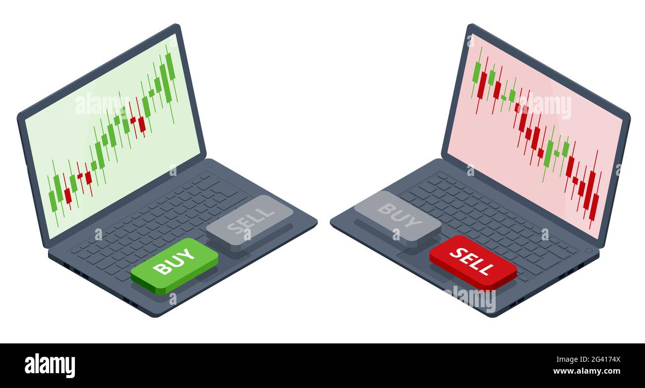 Investimenti isometrici e guadagni del mercato azionario e profitti con i grafici del Candlestick rosso e verde. Grafico di mercato di Borsa, interfaccia utente di analisi, UX su laptop Illustrazione Vettoriale