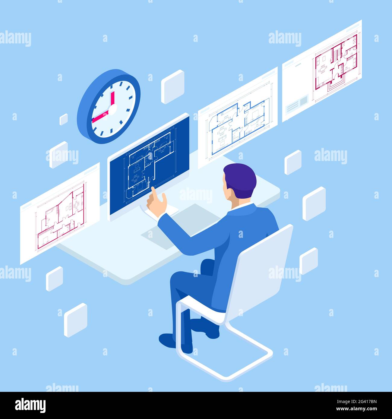 Banner Web per la gestione dei progetti di costruzione isometrica, la pianificazione dei progetti architettonici, lo sviluppo e l'approvazione. Schema di House, industria ingegneristica Illustrazione Vettoriale