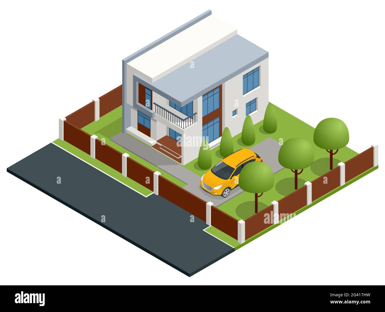 Casa appartamento isometrico. Costruzione, cottage, villa. Casa moderna accogliente in stile chalet con garage in vendita o in affitto con ampio giardino e prato. Illustrazione Vettoriale