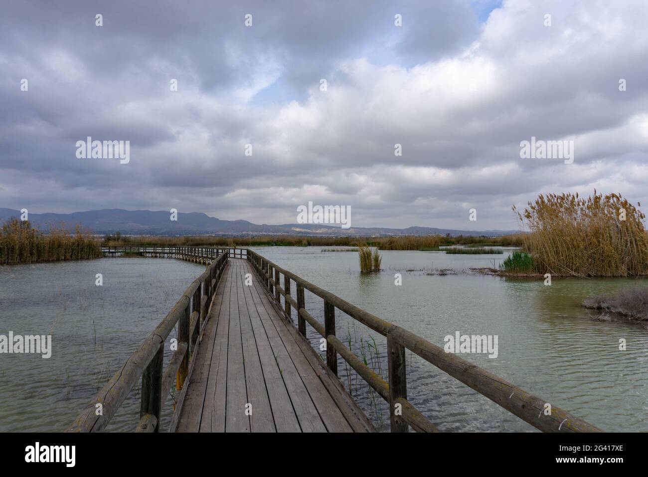 Lungo molo in legno e passerella in zone umide di acque salmastre con erba esparta e laguna sotto un cielo sovrastato Foto Stock