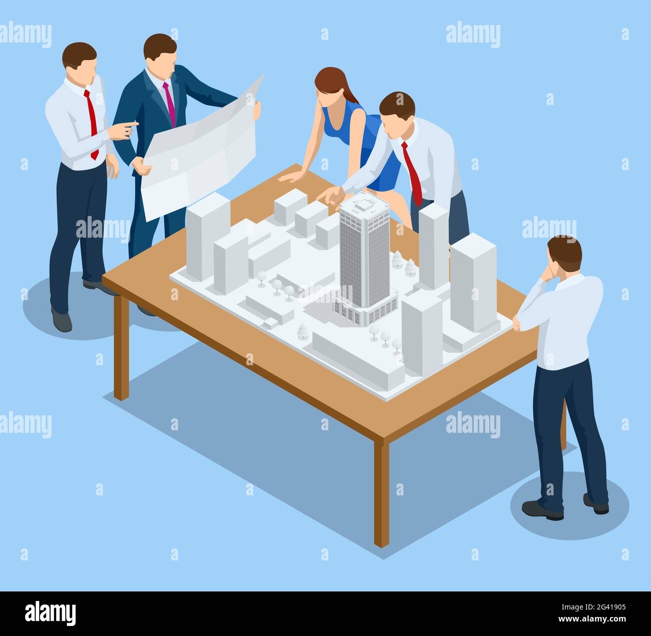 Isometric Construction Project Management, Architectural Project Planning, Architect design accessories on the workspace. Schema di Casa, ingegnere Illustrazione Vettoriale