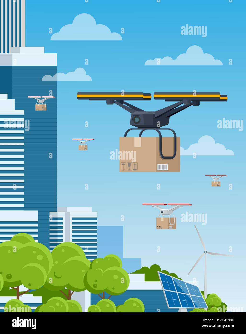Drone di consegna con la scatola di cartone che sorvola la città. Quadricottero che trasporta un pacchetto al cliente. Innovazione tecnologica delle spedizioni. Drone Illustrazione Vettoriale