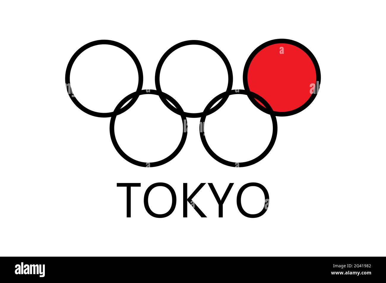 Anelli, cerchio rosso, iscrizione Tokyo isolato su sfondo bianco. Giochi sportivi. Benvenuti in Giappone. Olympias d'estate Illustrazione Vettoriale