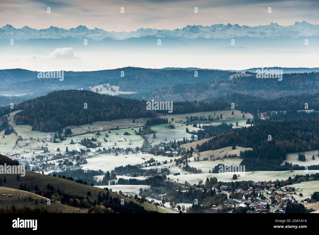 Vista da Herzogenhorn alle Alpi, Feldberg, Foresta Nera, Baden-Württemberg, Germania Foto Stock