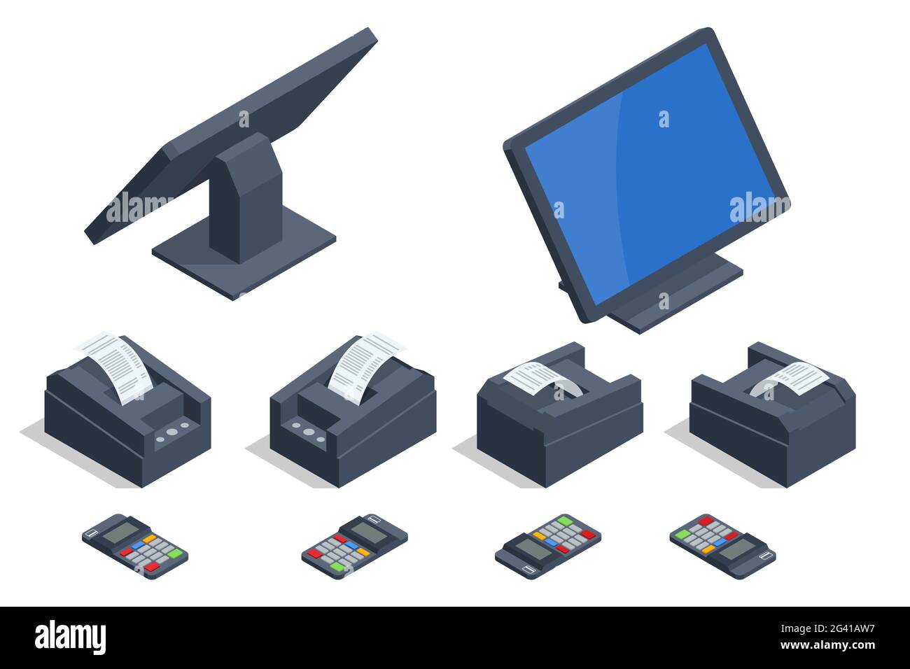 Set isometrico di prodotti del registro di cassa del negozio. Moderno  terminale POS tablet con scanner per codici a barre e stampante per  ricevute Immagine e Vettoriale - Alamy