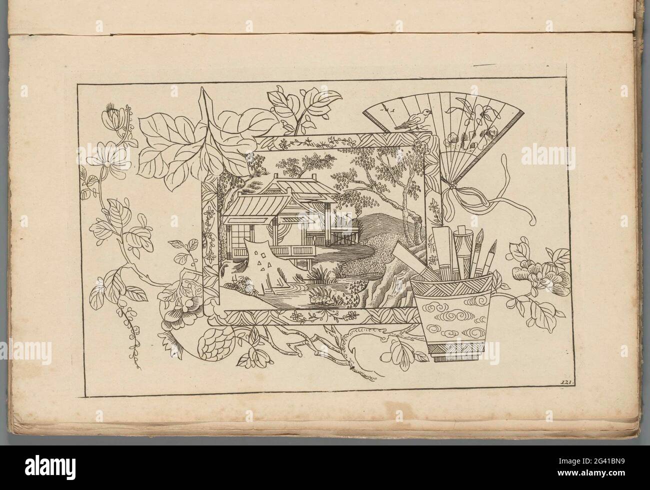 Ancora vita di oggetti e performances cinesi; nuovi seni convertiti, con grande Moeyte progettato e dato in esso, da P: Schenk Jun (...), prima parte. Natura morta di oggetti e performances. Al centro un dipinto o (servire?) Foglio con una rappresentazione di un paesaggio cinese. Un supporto con utensili da scrittura e da disegno. Intorno ornamenti di fiori e in alto a destra una gamma. Stampa fa parte di un album. Foto Stock