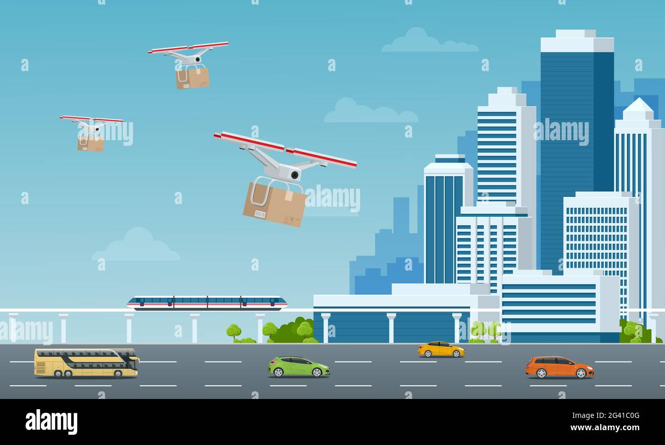 Drone di consegna con la scatola di cartone che sorvola la città. Quadricottero che trasporta un pacchetto al cliente. Innovazione tecnologica delle spedizioni. Drone Illustrazione Vettoriale