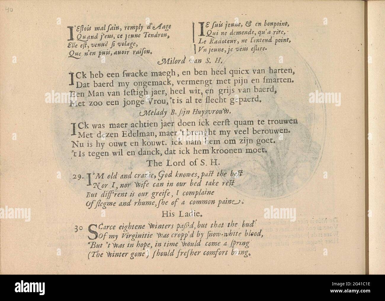 Quattrs da rappresentazioni del sig. Van S.H. e sua moglie; Les Abus du Mariage. Tre volte due quaterrains in francese, olandese e inglese con le rappresentazioni del sig. Van S.H. e della sua moglie. La rivista fa parte di un album. Foto Stock
