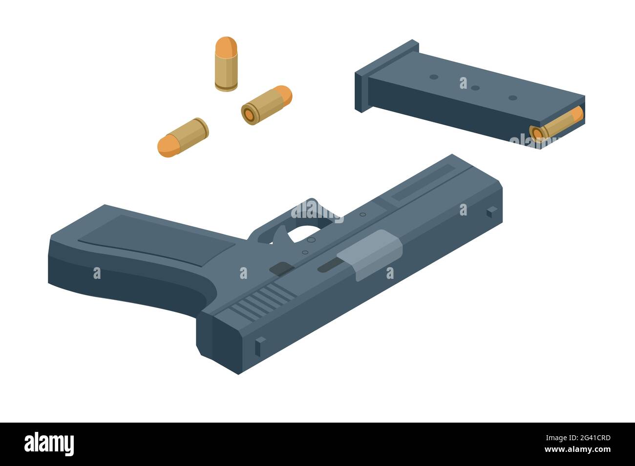 Pistola isometrica isolata su sfondo bianco. Simbolo dell'arma. Pistola con munizioni. Illustrazione Vettoriale