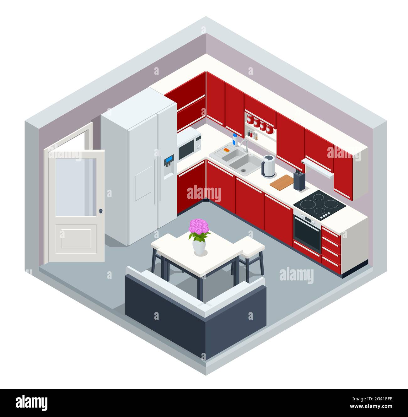Interno cucina minimalista isometrico con mobili da pranzo su un pavimento. Interni moderni con cucina e sala da pranzo combinati. Illustrazione Vettoriale