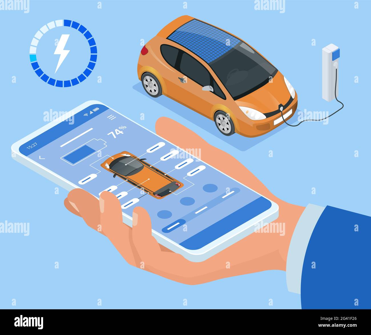 Concetto isometrico di carica del veicolo elettrico, applicazione mobile per la gestione delle cariche. Interfaccia per smartphone Car FUEL Manager. Illustrazione Vettoriale