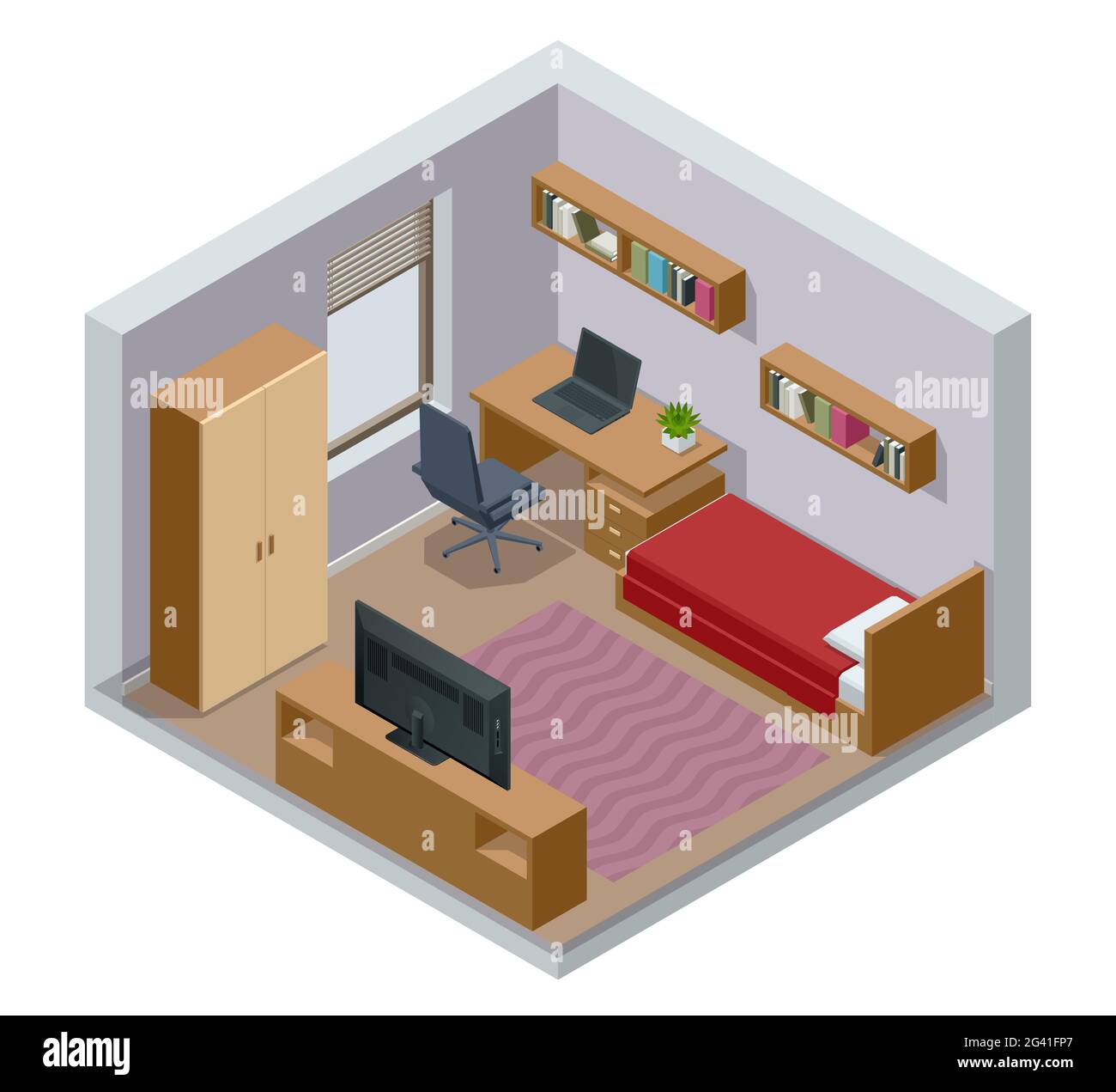 Isometirc moderno teenager camera interno con letto confortevole. Idea per arredamento interno. Interno di una moderna sala studio per adolescenti Illustrazione Vettoriale