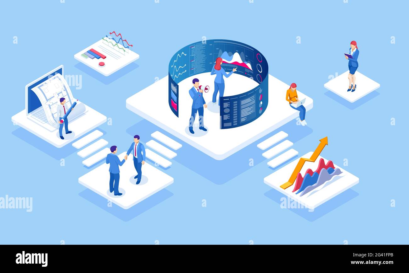 Concetto isometrico di analisi di business, analisi, ricerca, statistica di strategia, pianificazione, marketing, studio di indicatori di prestazioni. Affari a. Illustrazione Vettoriale