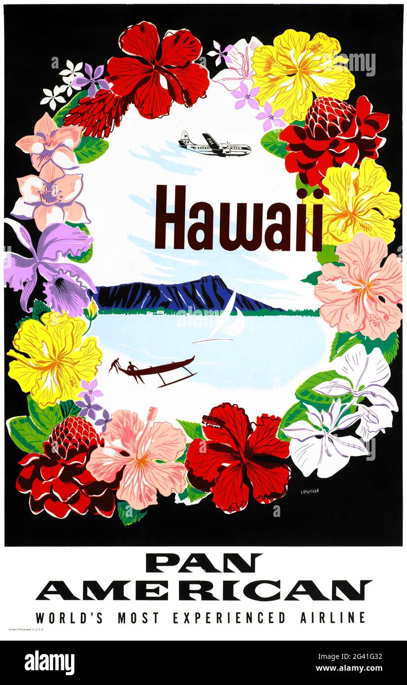 Hawaii. Pan American di Aaron Amspoker (date sconosciute). Poster vintage restaurato pubblicato nel 1951 negli Stati Uniti. Foto Stock