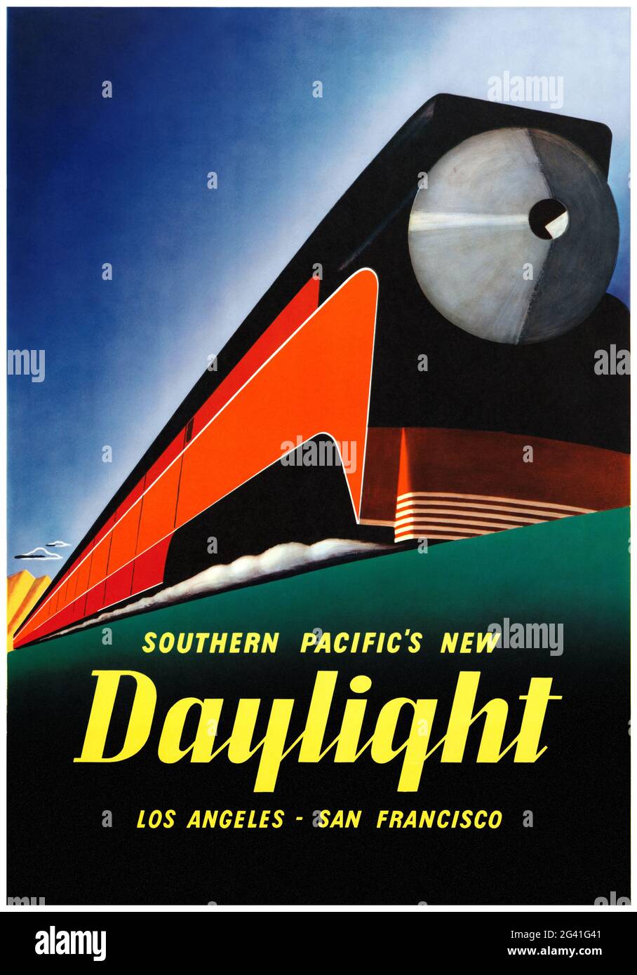 Il nuovo giorno del Pacifico meridionale. Los Angeles-San Francisco di Sam Hyde Harris (1889-1977). Poster vintage restaurato pubblicato nel 1937 negli Stati Uniti. Foto Stock