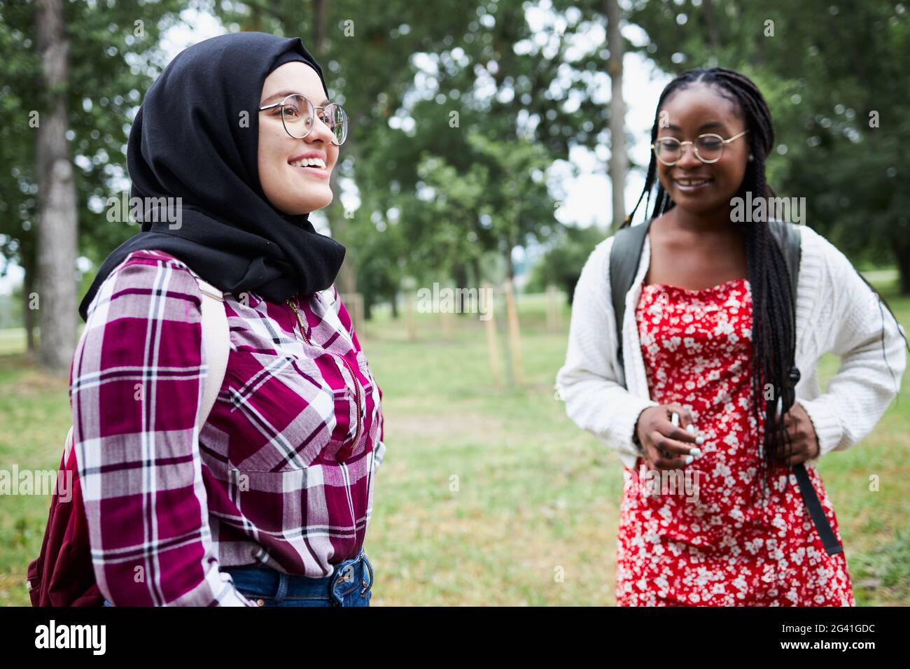 Due amici dell'università che si trovano nel parco universitario e che chiacchierano Foto Stock