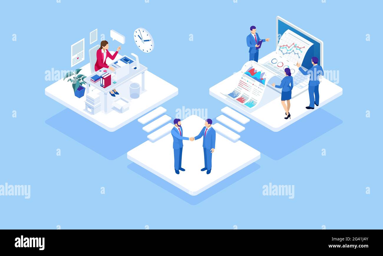 Concetto isometrico di analisi di business, analisi, ricerca, statistica di strategia, pianificazione, marketing, studio di indicatori di prestazioni. Affari a. Illustrazione Vettoriale