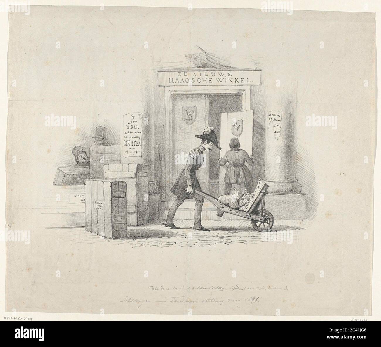 Cartoon alla mostra di maestri live a l'Aia, 1839; il nuovo negozio Haagsche. Cartoon alla mostra di dipinti di maestri vivi dell'Aia nel 1839. Il lavoro premiato si è rivelato essere una maggioranza di artisti Brabanti e secondo voci prima della mostra di proprietà del Baron de Ceva, giudice del principe Frederik e membro del Comitato Esposizioni. Mentre il negozio è chiuso, il Barone lascia il CEVA con una carriola carica di borse di denaro e un dipinto. Collega alcune casse con dipinti pronti per il trasporto, una con l'etichetta 'Rijks M (Useum) Haa (RLEM)' e l'altra con ' Foto Stock