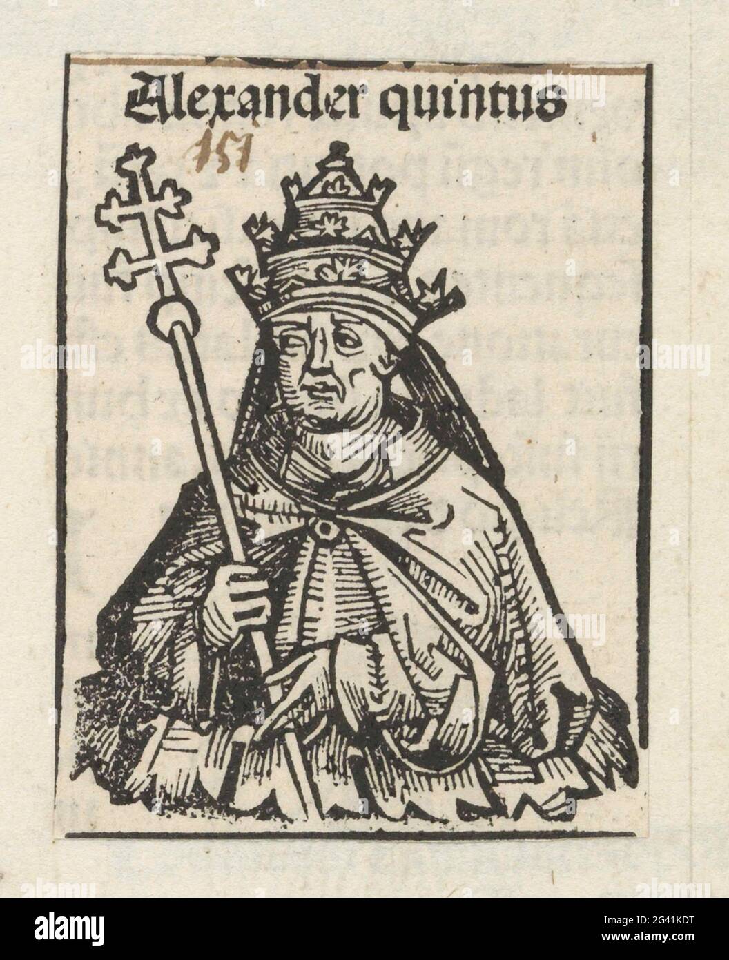 Aleksandr V; Aleksandr Quintus; Liber chronicarum. Un celco di fiori con un papa. Indossa una tiara e ha un bastone con doppia croce nelle mani. Lo spettacolo fa parte della sequenza pop nel Liber Chronicarum. Il testo identifica l'uomo come controparte Alexander V. la stampa fa parte di un album. Foto Stock