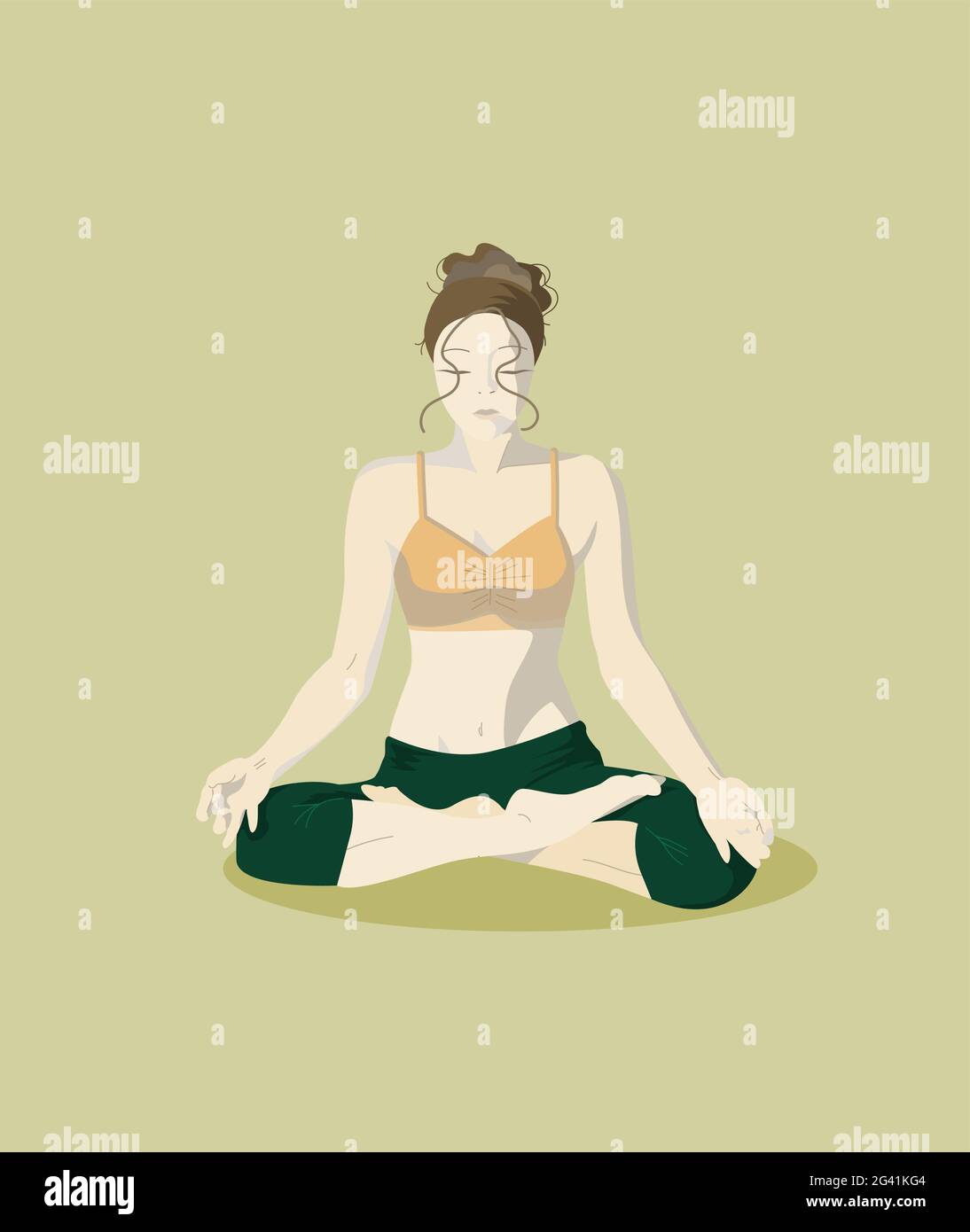 Donna che medita seduta in postura di loto. Pratica di lezione di yoga, stile di vita sano, relax. Illustrazione vettoriale piatta alla moda. Modello per scheda, pos Illustrazione Vettoriale