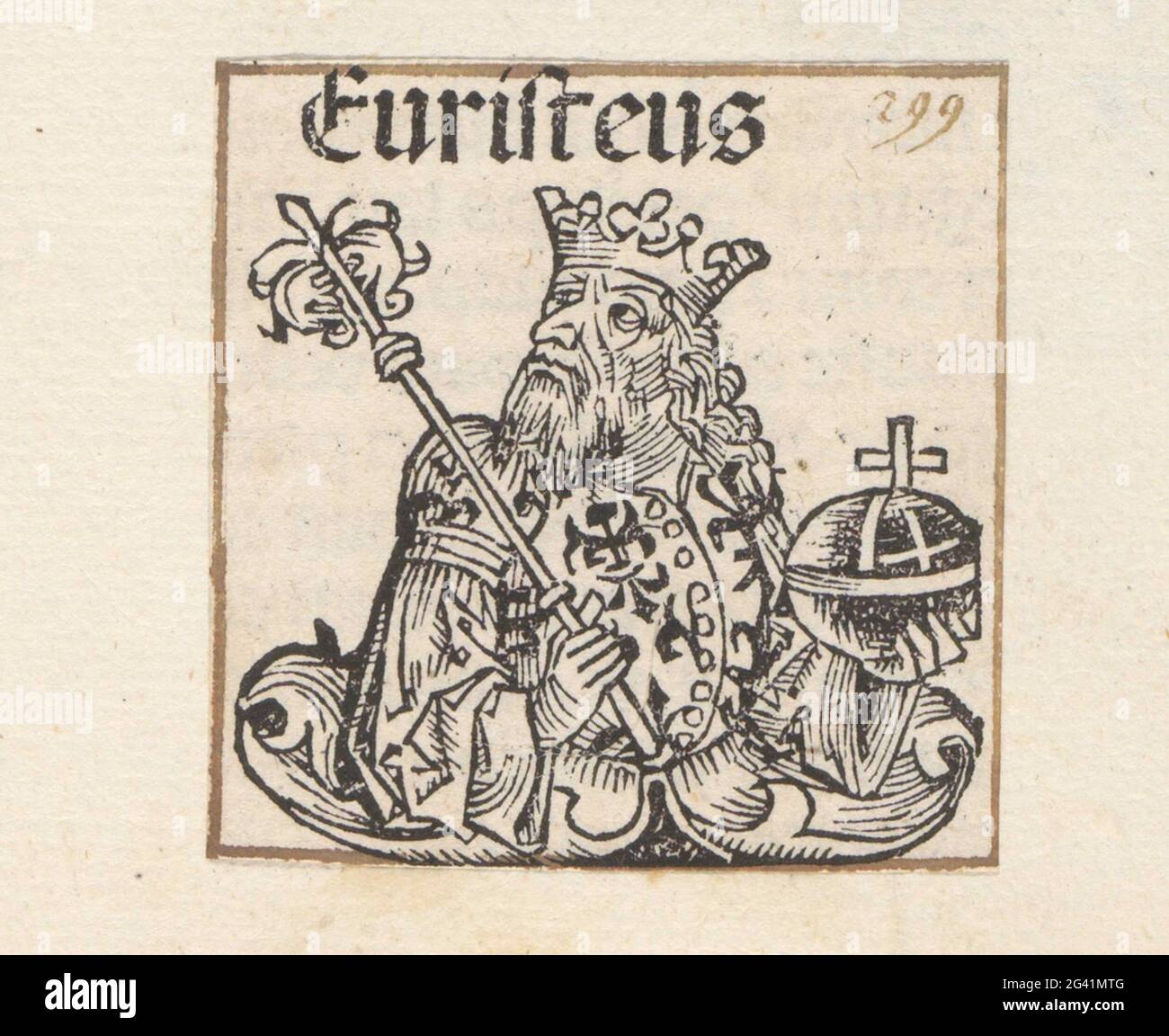Re Euristeo; Euristeo; Liber cronicarum. Un sedano di fiori con un re. L'uomo ha nelle mani uno scettro e un cono ricco. Il testo lo identifica come il leggendario re Euristeo, nipote di Perseo. La stampa fa parte di un album. Foto Stock