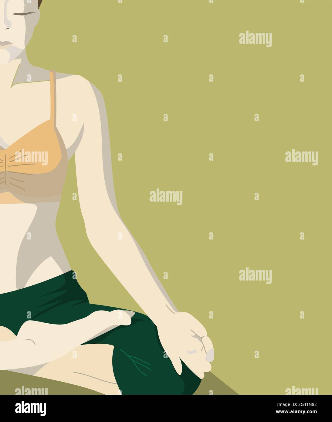 Donna che medita seduta in postura di loto. Pratica di lezione di yoga, stile di vita sano, relax. Illustrazione vettoriale piatta alla moda. Modello per scheda, pos Illustrazione Vettoriale