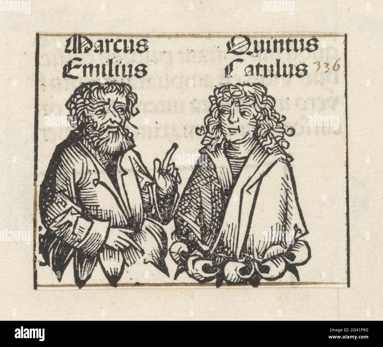 Marcus Aemilius Lepido e Quintus Lutatius Catulus; Marcus Emilius / Quintus Catulus; Liber cronicarum. Due classi di fiori con un uomo. La mostra fa parte della lista dei consoli romani nel Liber Chronicarum. Il testo identifica gli uomini come Marcus Aemilius Lepido e Quintus Lutatius Catulus. La stampa fa parte di un album. Foto Stock