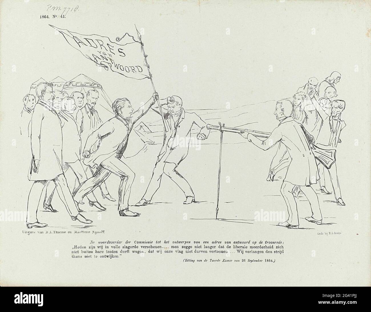 Cartone in cui Kappeyne van de Coppello entra in battaglia con Groen van Prinsterer, 1864. Cartoon in cui J. Kappeyne van de Coppello con la bandiera 'indirizzo delle risposte' come capo bandiera del partito liberale entra nella battaglia con il verde del prinsterer. Plate apparve al De Nederlandsche Spectator Weekblad, n. 41, 8 ottobre 1864. Foto Stock