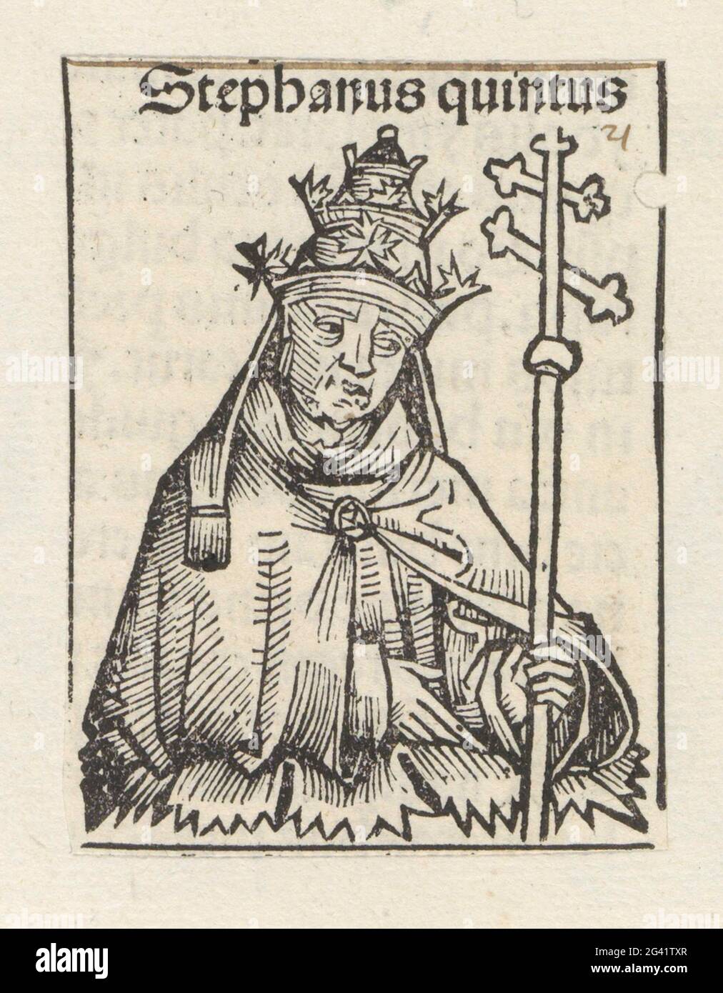 Stefanus V; Stephanus Quintus; Liber cronicarum. Un celco di fiori con un papa. Indossa una tiara e ha un bastone con una doppia croce in mano. Lo spettacolo fa parte della sequenza pop nel Liber Chronicarum. Il testo identifica l'uomo come Papa Stefanus V. la stampa fa parte di un album. Foto Stock